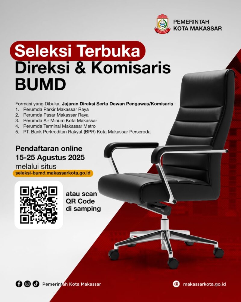 Pemerintah Kota Makassar resmi membuka pendaftaran seleksi Direksi dan Dewan Pengawas BUMD tahun 2025 secara digital, Jumat (15/8/2025).