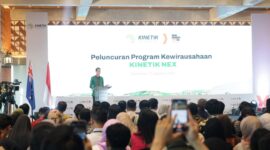 Wali Kota Makassar, Munafri Arifuddin, memberikan sambutan pada peluncuran Program Kewirausahaan KINETIK NEX di Hotel Novotel Grand Shayla Makassar, Rabu (27/8/2025).
