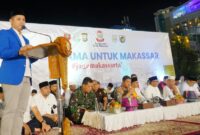 Foto: Ketua DPD KNPI Kota Makassar Baso Muhammad Ikram saat memberikan sambutan dalam kegiatan Doa bersama untuk Makassar