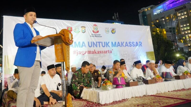 Foto: Ketua DPD KNPI Kota Makassar Baso Muhammad Ikram saat memberikan sambutan dalam kegiatan Doa bersama untuk Makassar