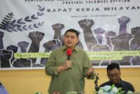 Foto: Wali Kota Makassar, Munafri Arifuddin saat memberikan sambutan pada Rapat Kerja Wilayah (Rakerwil) Konfederasi Serikat Buruh Sejahtera Indonesia (KSBSI) Provinsi Sulawesi Selatan Tahun 2025 yang digelar di Gedung PGIW, Jalan Abdurrahman Basalamah, Makassar