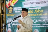 Foto: Wali Kota Makassar, Munafri Arifuddin saat memberikan sambutan dalam rangka Maulid Akbar Nabi Besar Muhammad SAW 1447 H yang digelar oleh Majelis Zikir dan Muhasabah Darut Taubah