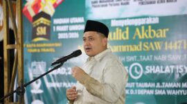 Foto: Wali Kota Makassar, Munafri Arifuddin saat memberikan sambutan dalam rangka Maulid Akbar Nabi Besar Muhammad SAW 1447 H yang digelar oleh Majelis Zikir dan Muhasabah Darut Taubah