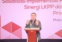 Foto: Wali Kota Makassar, Munafri Arifuddin saat memberikan sambutan pada Sosialisasi Implementasi Peraturan Presiden (Perpres) Nomor 46 Tahun 2025 tentang Sinergi LKPP dalam Peningkatan Penggunaan Produk Dalam Negeri