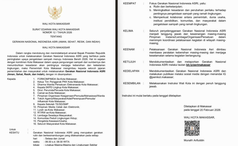 Foto: Surat Edaran Walikota Makassar (SE) Nomor 12 Tahun 2026 tentang Gerakan Nasional Indonesia ASRI (Aman, Sehat, Resik, dan Indah)