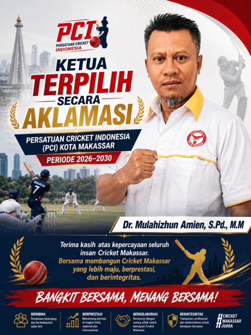 Ketua terpilih Persatuan Cricket Indonesia (PCI) Kota Makassar, Dr. Mulahizhun Amien, S.Pd., M.M