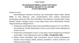 Surat Edaran Dinas Pendidikan tentang Pelaksanaan Pembelajaran Tatap Muka bagi Murid Jenjang TK, SD, dan SMP di Kota Makassar.