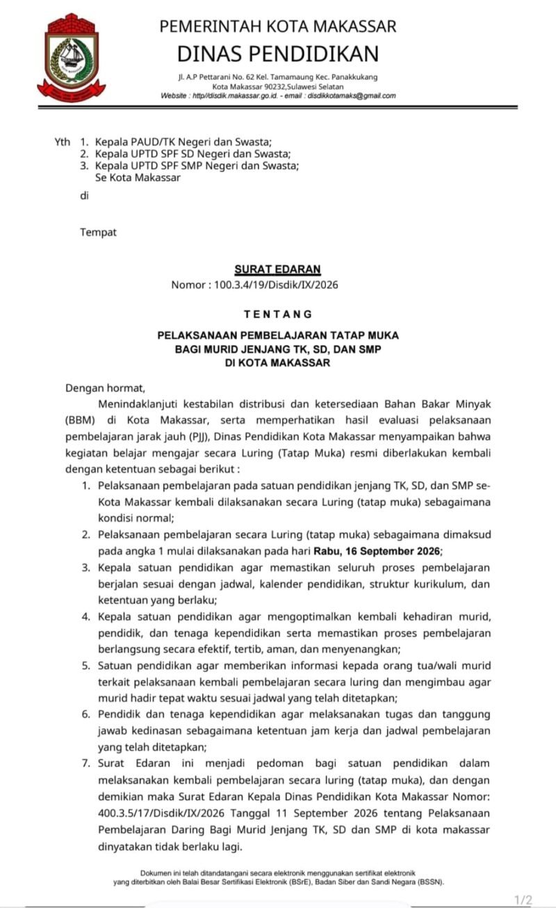 Surat Edaran Dinas Pendidikan tentang Pelaksanaan Pembelajaran Tatap Muka bagi Murid Jenjang TK, SD, dan SMP di Kota Makassar.